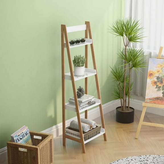 4-Tier Ladder Bookshelf with Solid Bamboo Wood Multifunctional Display Bookcase Ladder Shelf freestanding for Home Office White Shelf