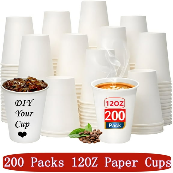 200 Count Disposable Paper Cups, 12 oz Coffee Cups, White To Go Hot Cups for Home & Cafes