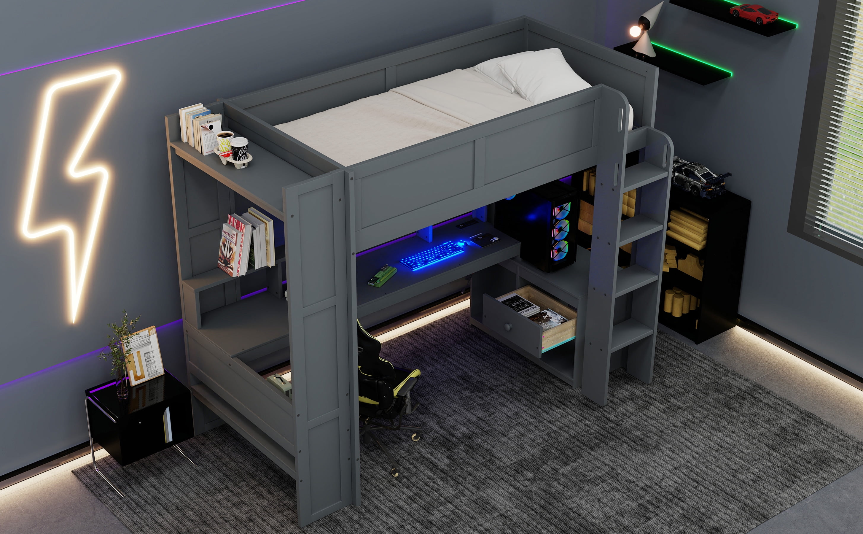 Homy Casa Wood Twin Size Gaming Loft Bed with Desk Shelves LED and Charging Station for Teen Bedrooms