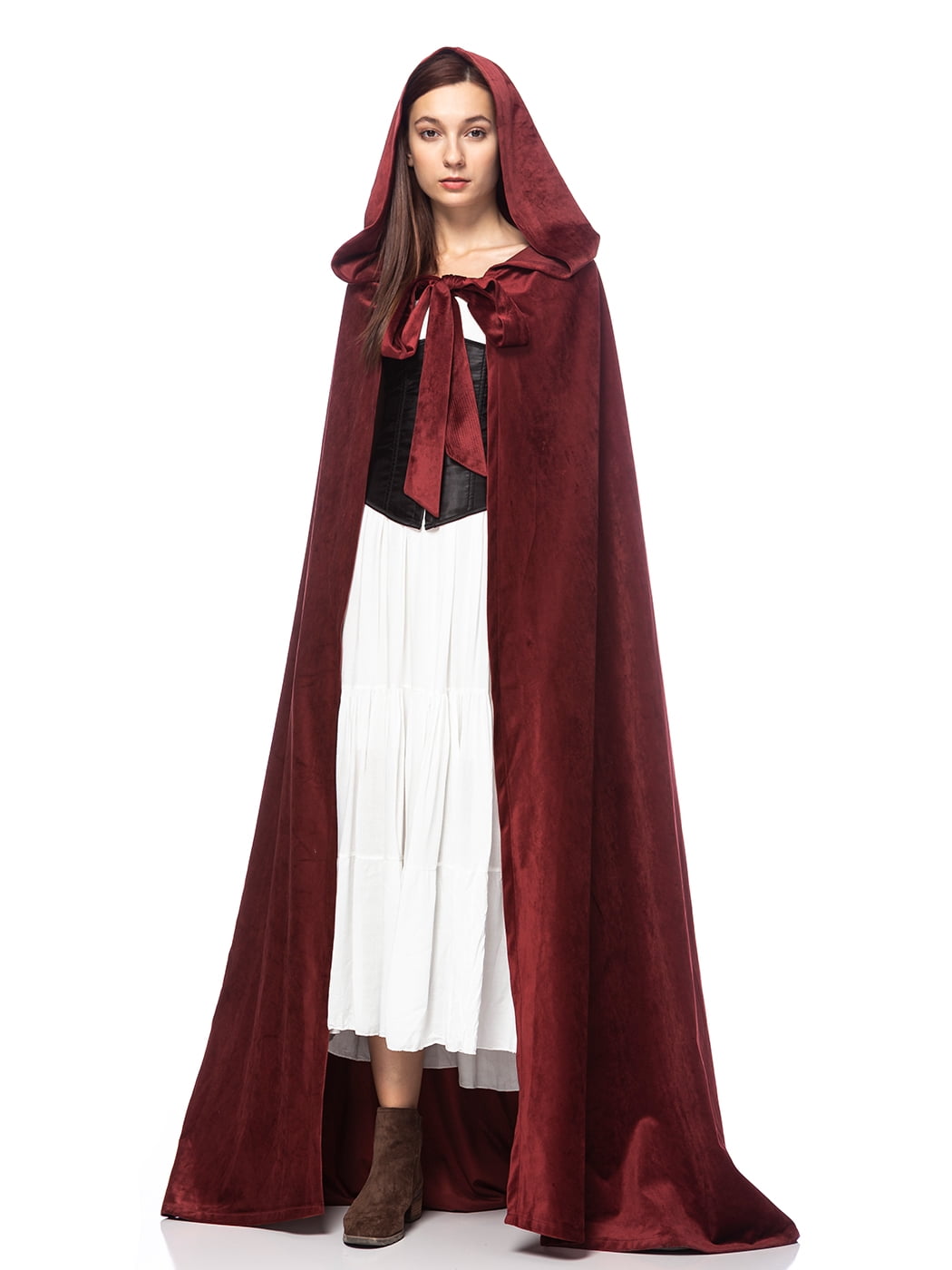 Women Velvet Ribbon Tie Hooded Rennaisance Faire Gothic Cloak Cape