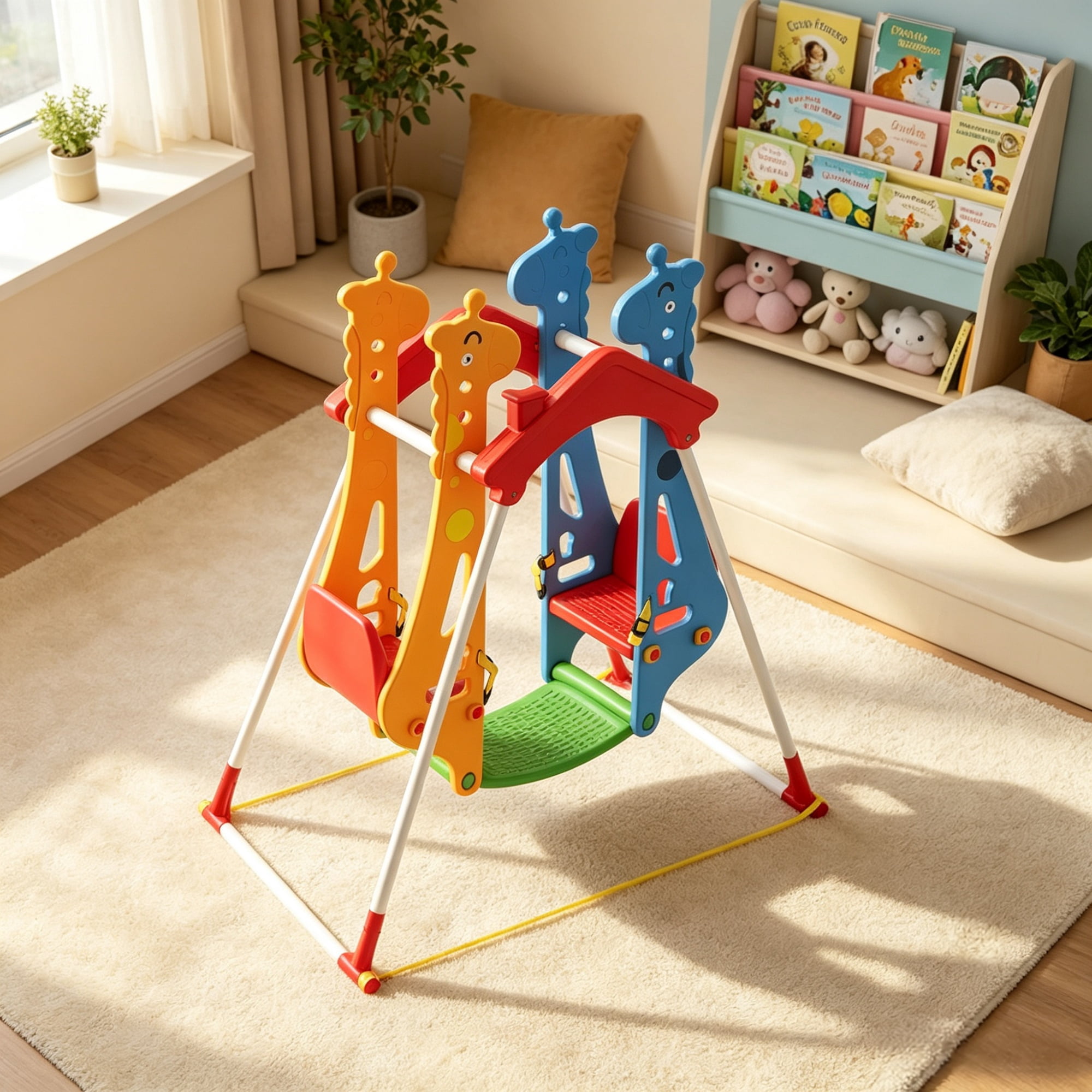 Kids Indoor Double Seats Swing, with Safety Belts, for 3-5Y Kids Vestibular Balance Training in Play Room & Living Room