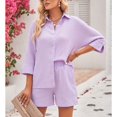 thumbnail image 2 of SWSMCLT Women's Fall 2 Piece Outfits Short Sets Comfy Casual Summer Soft Fashion Stretch Thin Button Up Matching Set Light Purple Small, 2 of 4