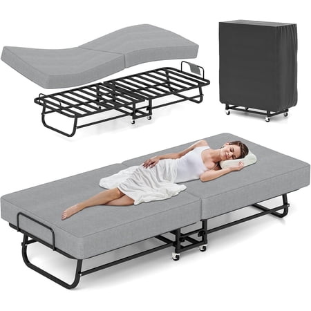 DRNANLIT Rollaway Bed Folding Bed with 6cm Foam Mattress for Adults & Guest with Sturdy Metal Frame