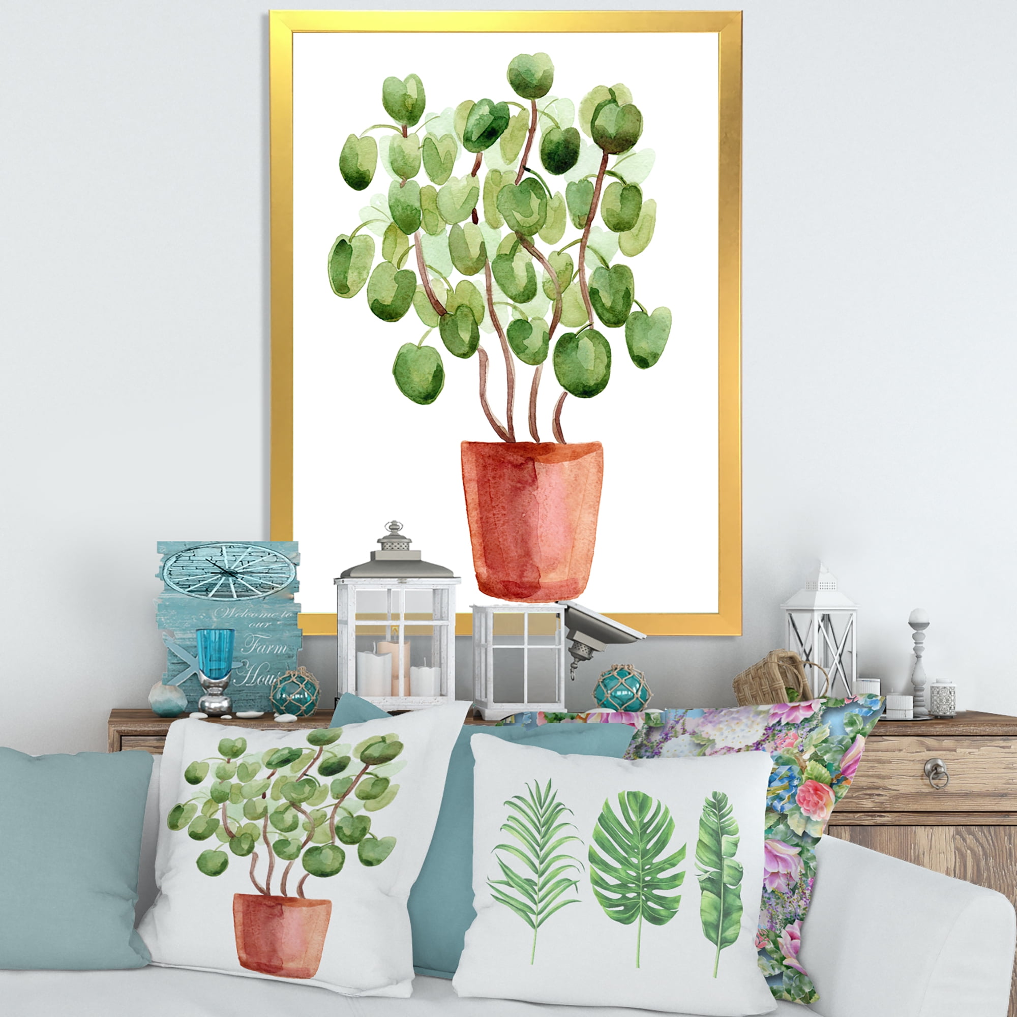 Designart 'Abstract Chinese Money Plant In Pot' Traditional Framed Art Print