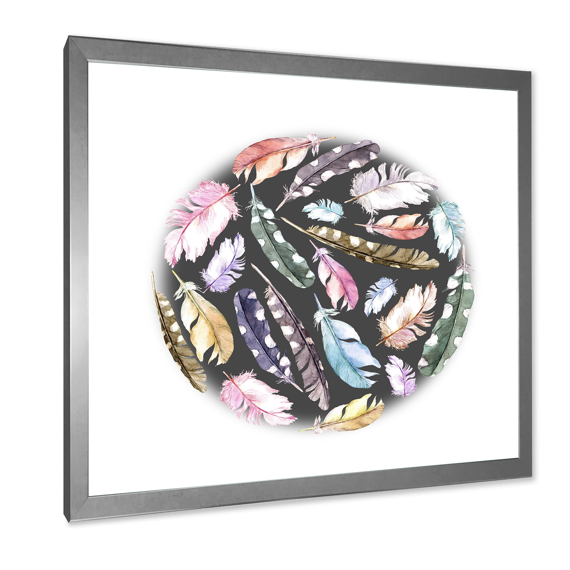 Designart 'Colorful Boho Feathers In Circle Shape' Bohemian & Eclectic Framed Art Print