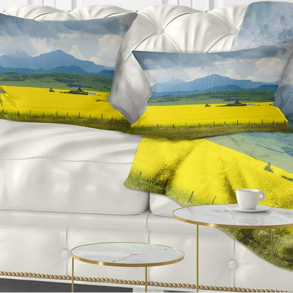 Designart Farm House in Field Of Canola - Landscape Printed Throw Pillow - 12x20