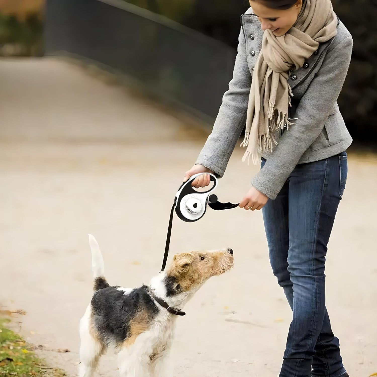 26Ft Retractable Dog Leash - for Dog Up to 110lbs, Tangle Free Walking Leash with Chew Proof Cable | LED Light | Dispenser | Poop Bags, Quick Lock Braking & Non-Slip Handle (Blue)