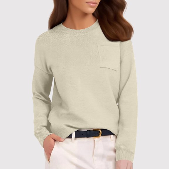Women's Solid Color Knit Sweater, Slim Fit Knit Pullover, Versatile Long Sleeve Top, Comfortable Crewneck Blouse, Casual Basic Knitwear for Daily Wear Beige L