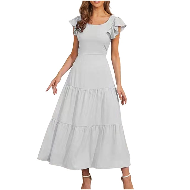 Hyknon Robes pour Femmes Mode Printemps/été Couleur Unie Manches Courtes Robe Confortable Décontractée Douce Fluide Ample