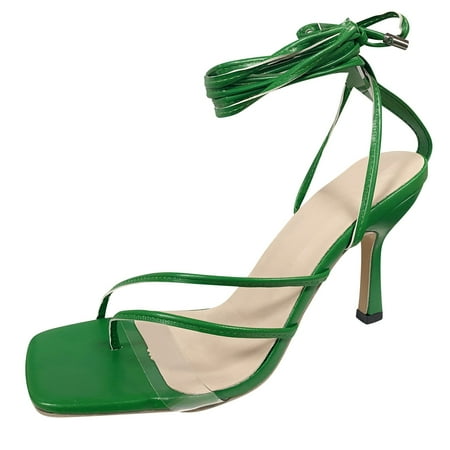 

uikmnh Slippers for Women Summer Solid Color Leather Ankle Strap High Heel Sandals Green 10