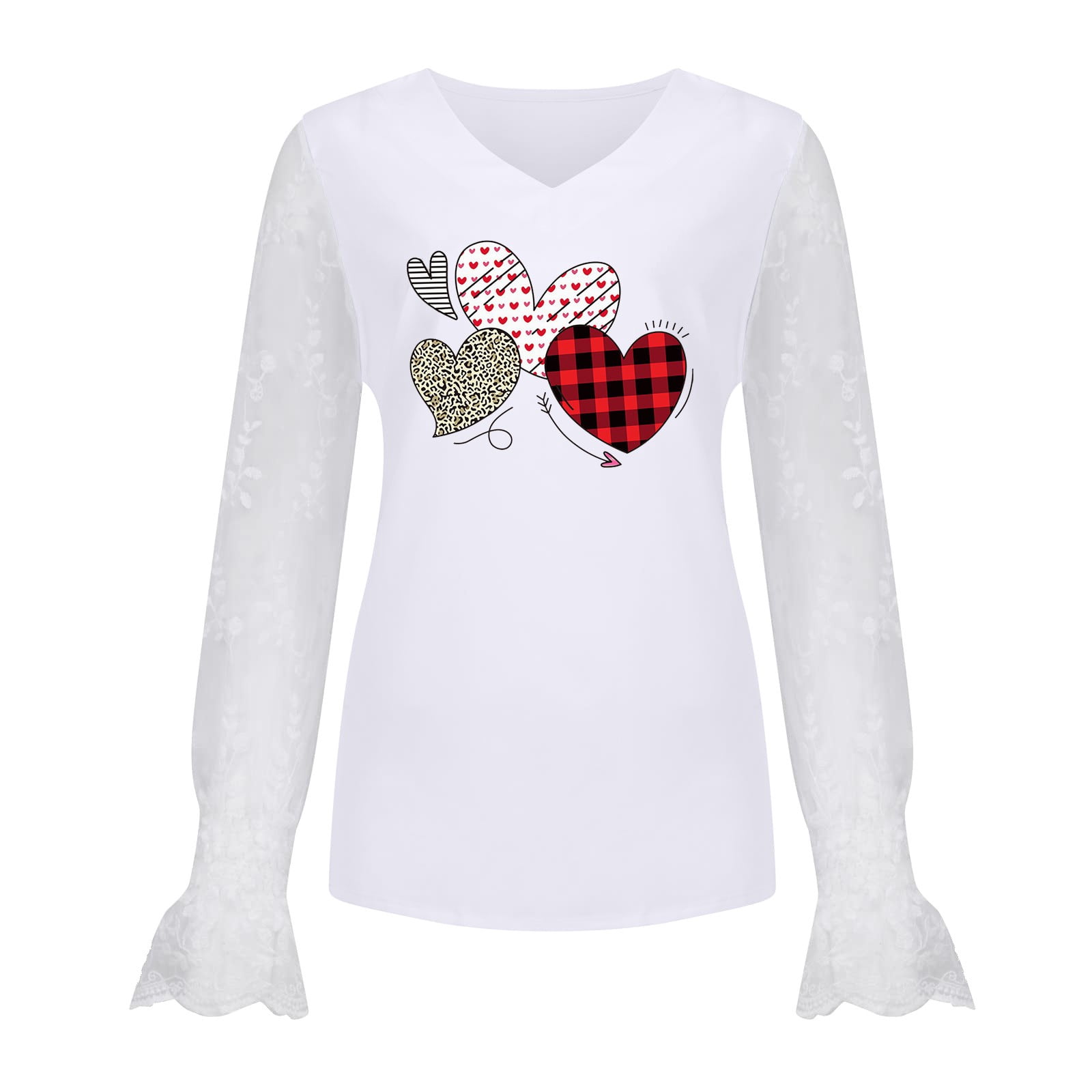 Women Casual Lace Long Sleeve Patchwork V-Neck Pullover Heart Print T-shirt Tops Plus Size Blouses Shirt Dressy for Fall