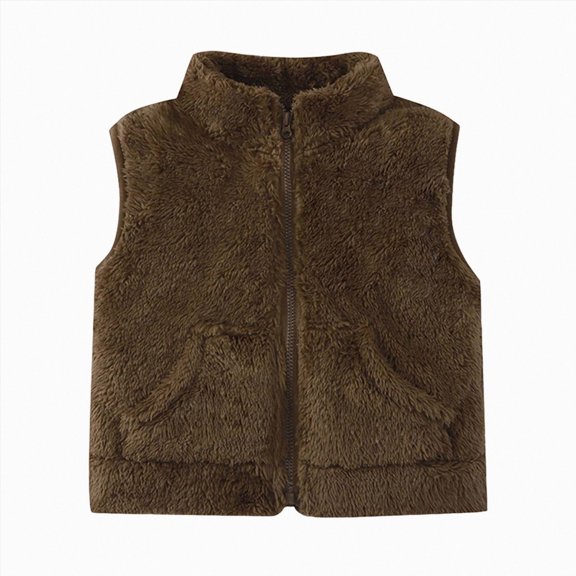 felwors Girls Boys Zippered Vest Warm Soft Fleece Outerwear Jacket with Pockets (1-2 Years,Brown)