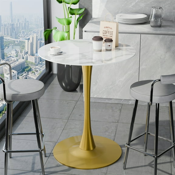 Wisfor Tulip Round 39.3" Counter Height Bar Table Pub Bar Bistro Party Table Sintered Stone Tabletop Stable Metal Pedestal Base, Glossy White Top & Gold Leg