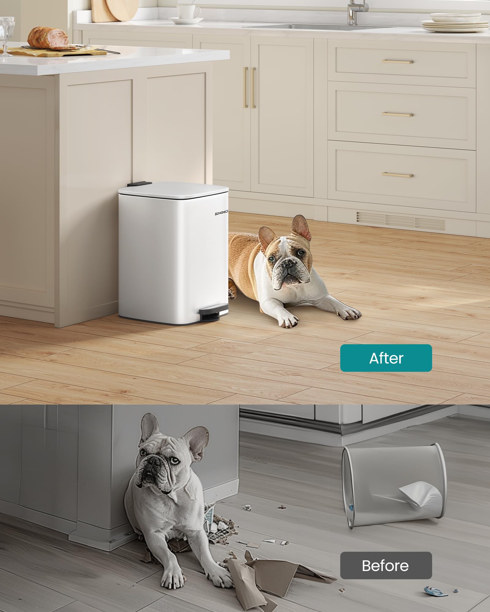 Kitchen Trash Can, 5.2-Gallon (20 L) Trash Bin, Stainless Steel Garbage Can, with Inner Bucket, Soft Close and Stays Open, Cloud White