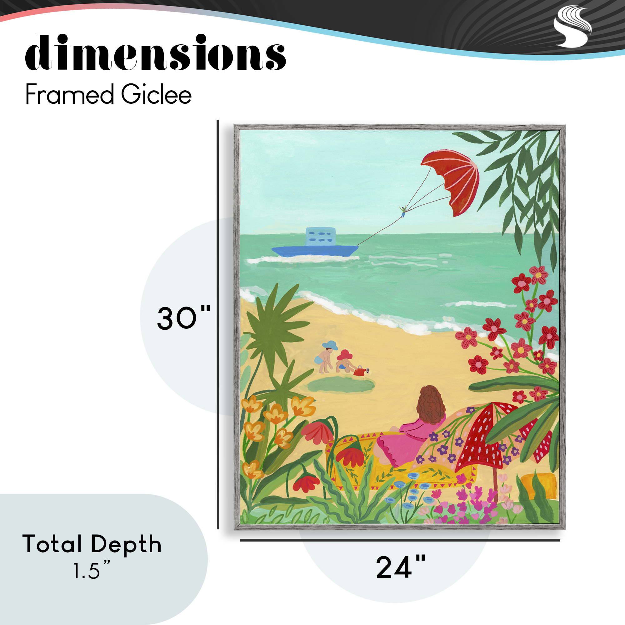 Beach And Flowers View Gray Framed Giclee Art, design by Nabeela Rumi