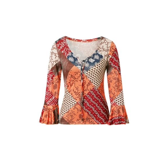 Liacowi Women Vintage Print Long Sleeve Crop Tops Sexy Round Neck Slim Fit Blouses Tee Streetwear