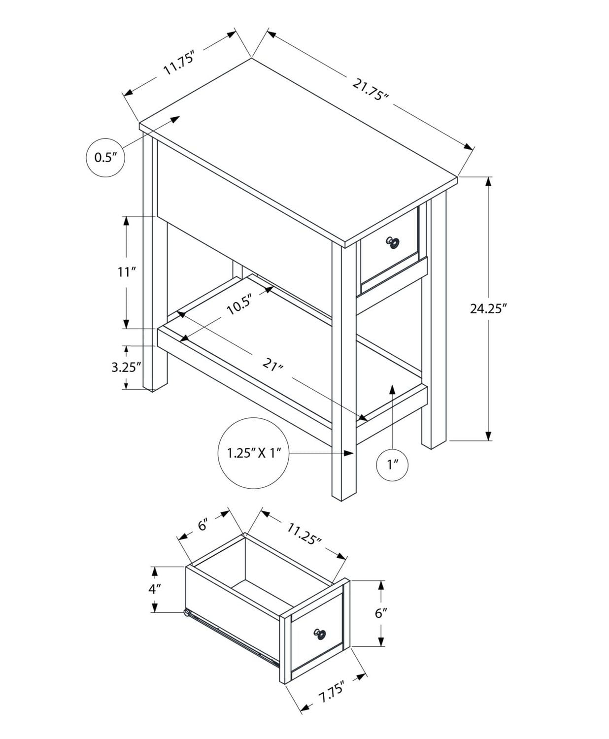 Monarch Specialties Accent Table, End, Side Table, 2 Tier, Narrow, Bedroom, Lamp, Storage Drawer, Grey Veneer, Transitional