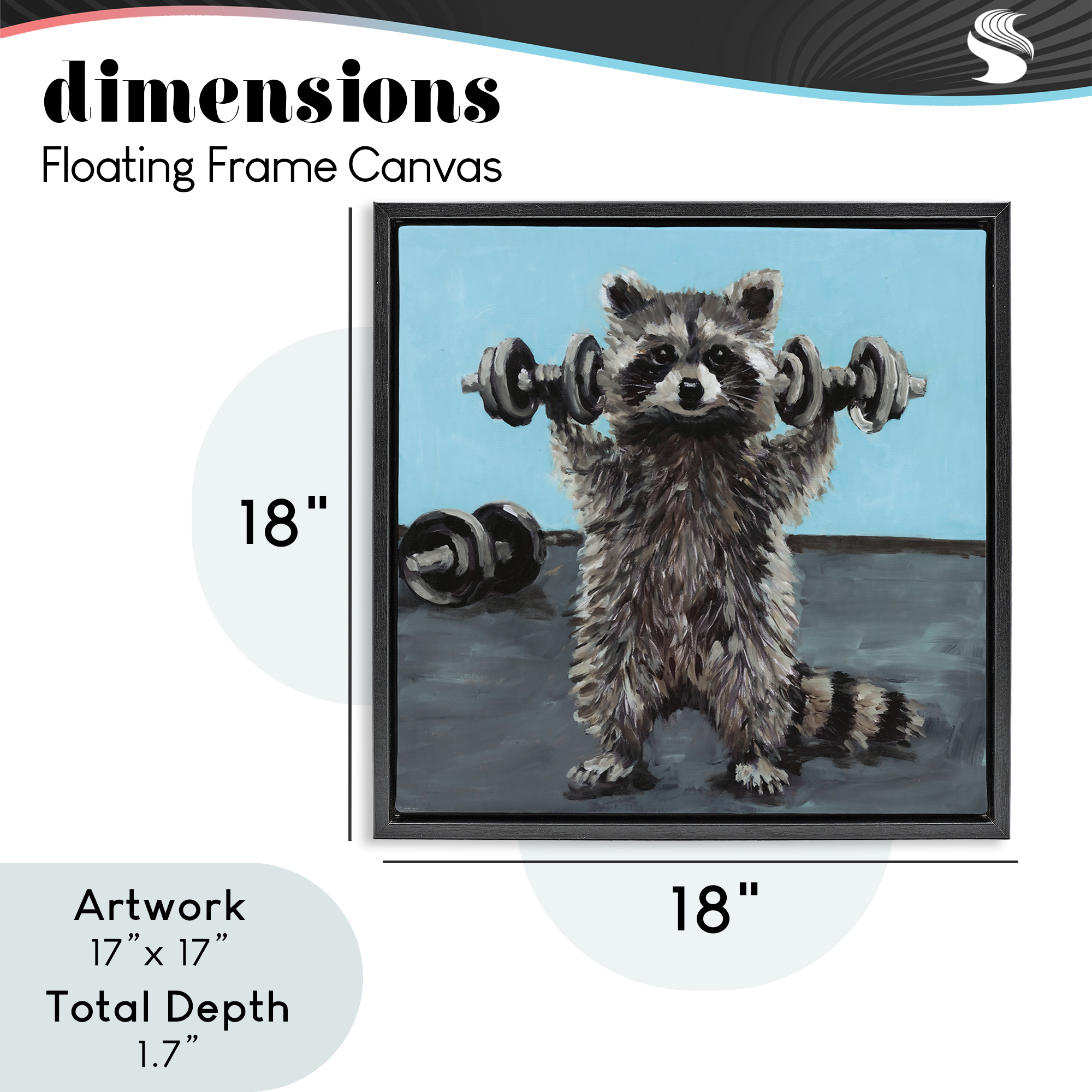 Fitness Raccoon with Weights Black Framed Floater Canvas Wall Art, design by Studio Bautista
