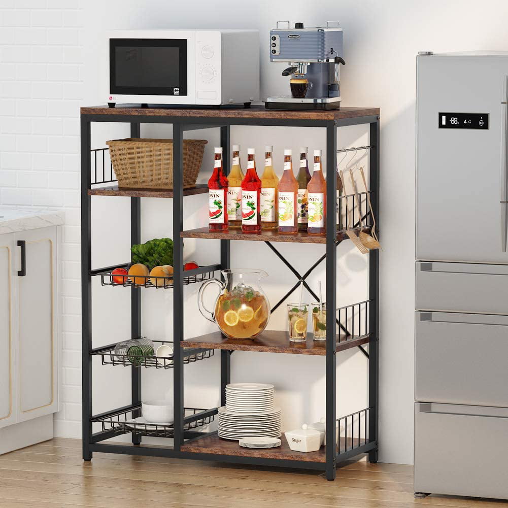 Kitchen Shelf Shelving Unit Microwave Holder Shelf Metal Shelf with 6 Hooks 