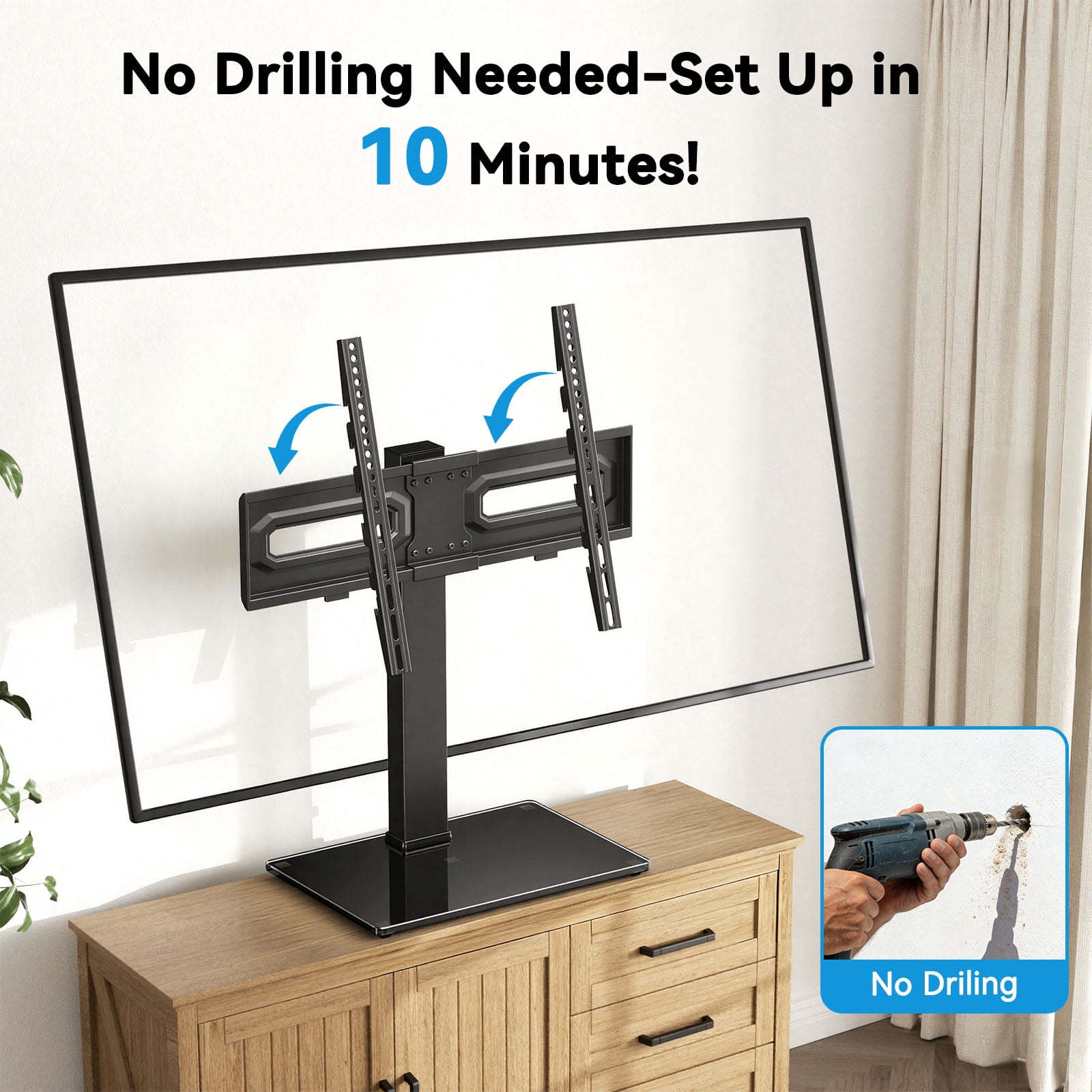 MountFTV Universal Swivel TV Stand with Power Outlet for 32-80 inch TVs up to 99 lbs, Table Top TV Stand Mount with 6 Height Adjustable, Tempered Glass Base,Max 600x400mm