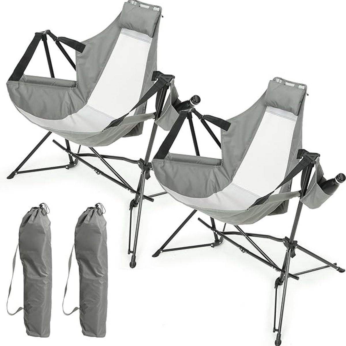 Sailvan Camping Rocking Chair 2-Pack, Folding Hammock Chair with Adjustable Back & Cup Holder for Outdoor Backyard, Grey