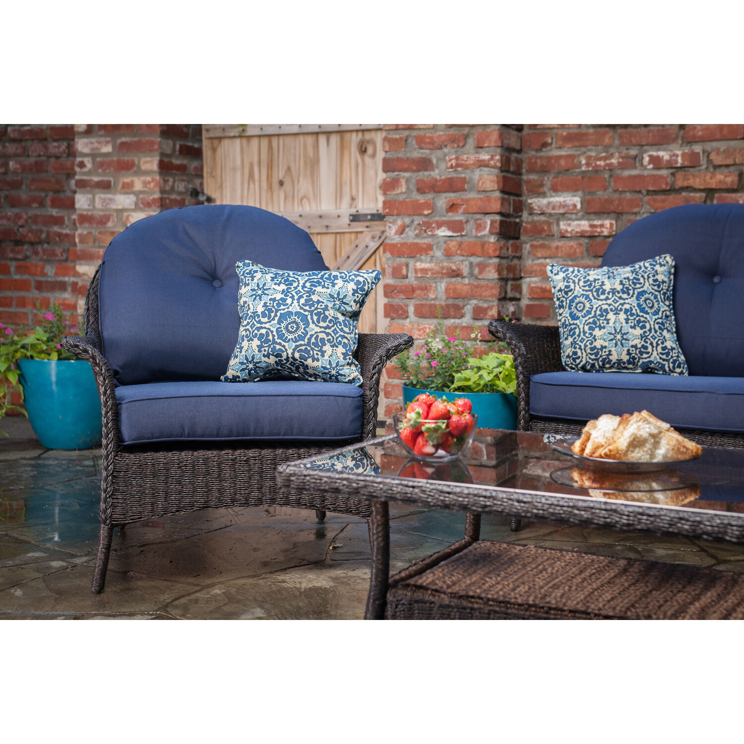 Hanover Sun Porch 6-Pc. Resin Lounge Set w/ Handwoven Loveseat, 2 Armchairs, 2 Ottomans, Coffee Table and Plush Navy Blue Cushions - image 2 of 14