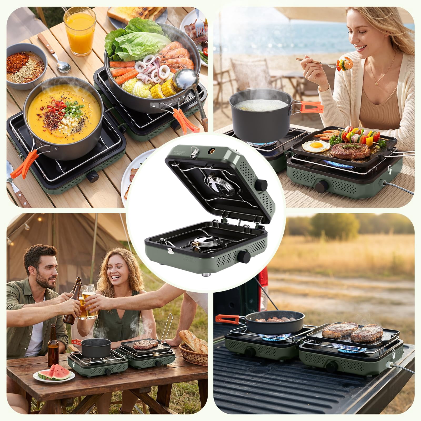 2 Burner Propane Camping Stove  30000 Btu Foldable Portable Gas With Cookware Set & Carry Bag Outdoor Cooking For Rv Emergency Use Green