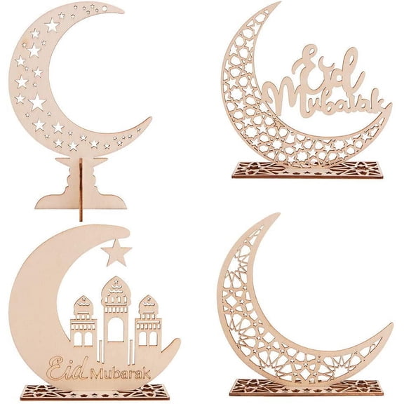 4pcs Eid Mubarak Ramadan Wooden Plaque Ornament Moon Star Blessing Word Decoration for Happy Eid Mubarak Ramadan Home Room DecorationMixed Color