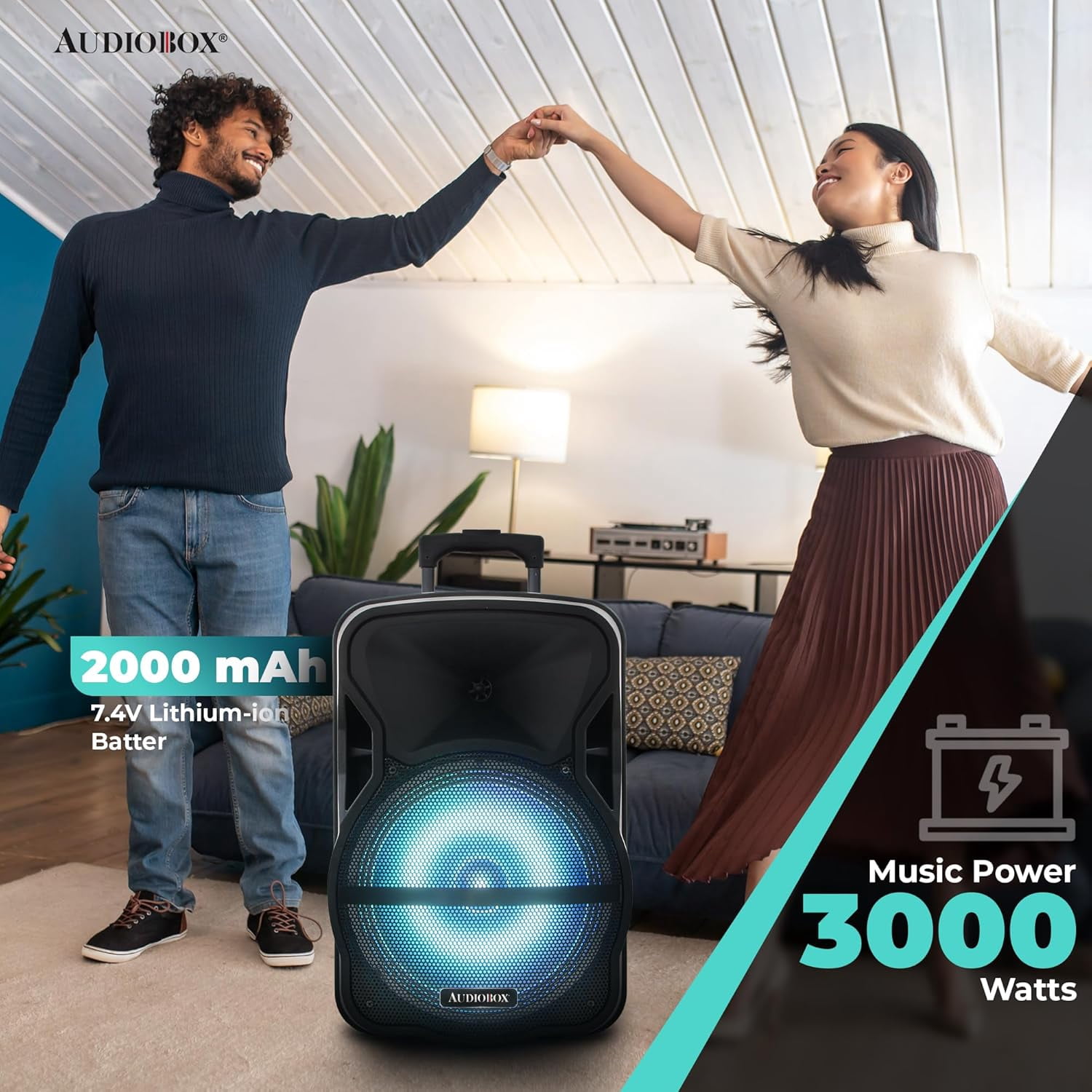Audiobox ABX-12S 12" Portable Bluetooth PA Speaker w/Stand & Mic, USB, TF, FM, AUX, 1/4" Mic Jack, Rechargeable Battery, Trolley Handle & Wheels, Perfect for DJ, Parties, & Events