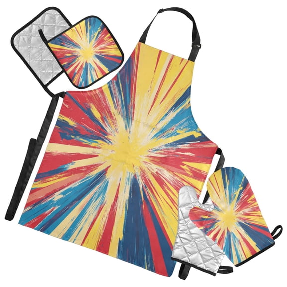 5-Piece Kitchen Apron Set with Heat-Resistant Gloves & Insulation Mats for Cooking, Baking, BBQ Vibrant Yellow Rays