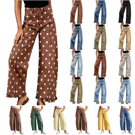 Dzrciro Demin Pants for Women, Polka Dot High Waist Wide Leg Jeans with Pockets, Casual Loose Vacation Beach Trousers S-XL
