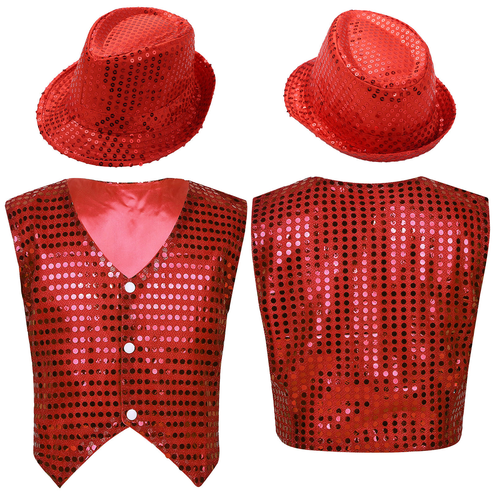 inhzoy Kids Boys Sequin Dance Vest Button Down Waistcoat and Hat