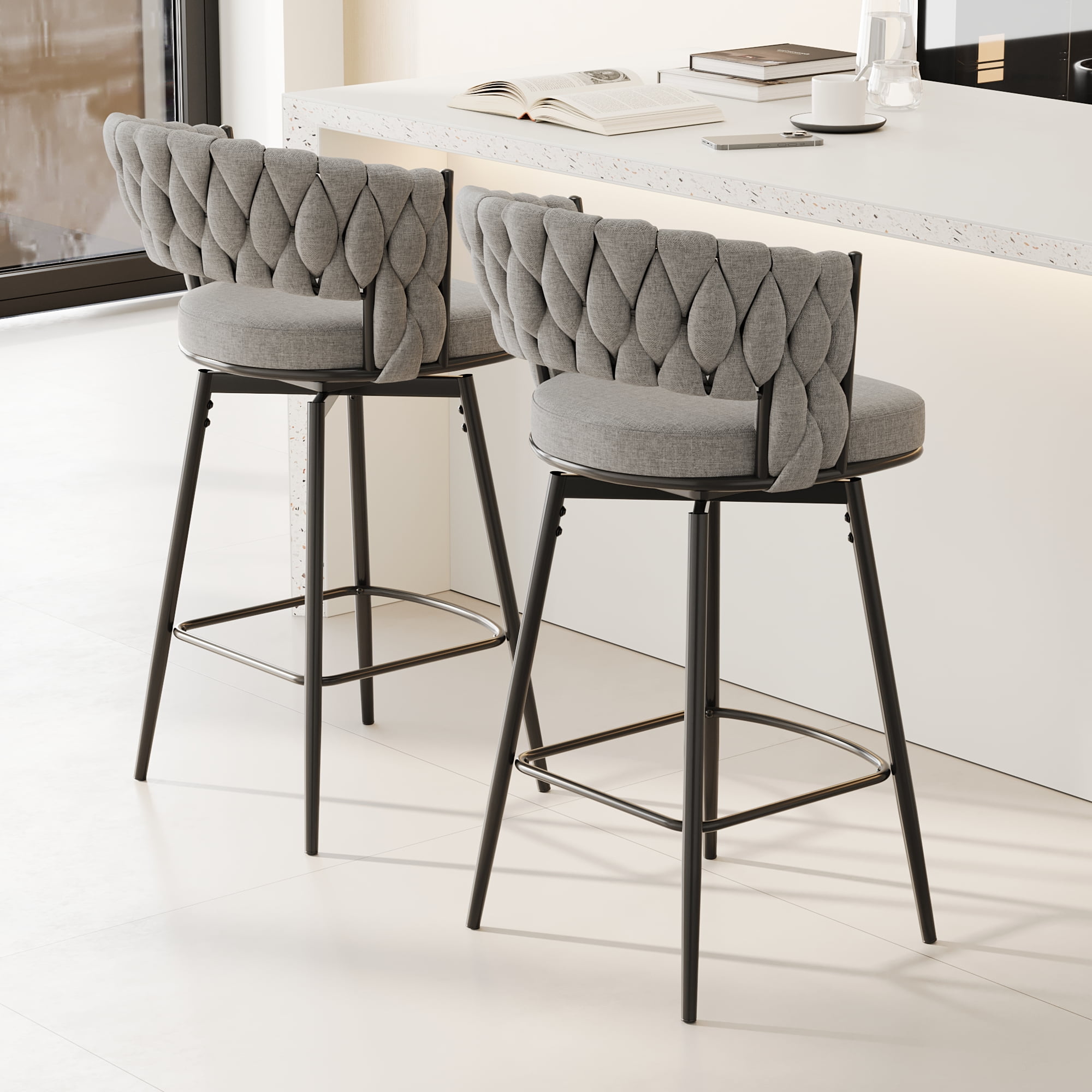 MAYEERTY 360° Swivel Bar Chairs Set of 2 – Counter-Height Stools with Cushioned Backrest & Metal Legs, Gray