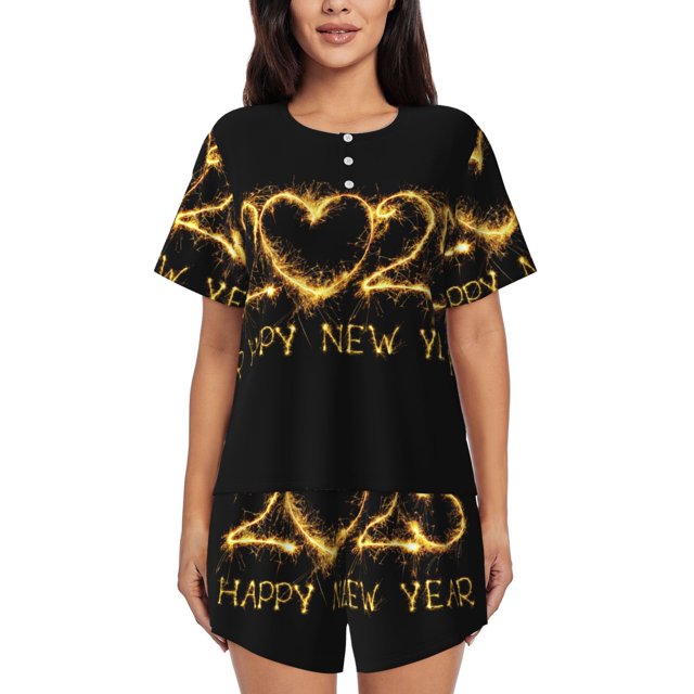 Fotbe Happy New Year 2025 D Conjunto de Pijama Estampado para Mujer, 2 Piezas, Ropa de Dormir con Camiseta de Manga Corta y Shorts Suaves-3X-Large