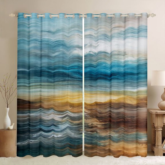 Manfei Oil Painting Blackout Curtains Set of 2 (52x84 Each), Watercolor Beach Curtain, Blue and Brown