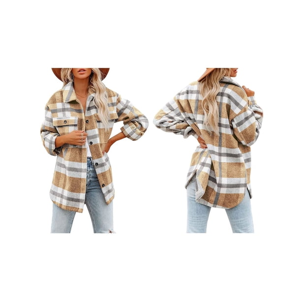 Chaqueta de Franela A Cuadros para Mujer, Ideal para Otoño Camisa de Larga con Botones y Bolsillos Laterales Caqui XXL