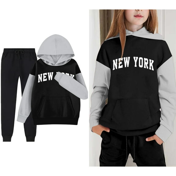 LIUYUNNN Kids Toddler Sweatsuit 2PC Long Sleeve Pullover Black Letter New York Sweatshirt Sweatpants Winter Clothes Boys' Tracksuits 10-11 Years Boys Girls Autumn and Winter Outfits