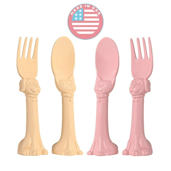 Spoon la la Made in USA Toddler Utensil Set - 4 Pack (2 Spoons & 2 Forks for Kids) - Self-Standing 3D Ergonomic Cat & Dog Handles - BPA-free, Dishwasher Safe ( Pink, Yellow)