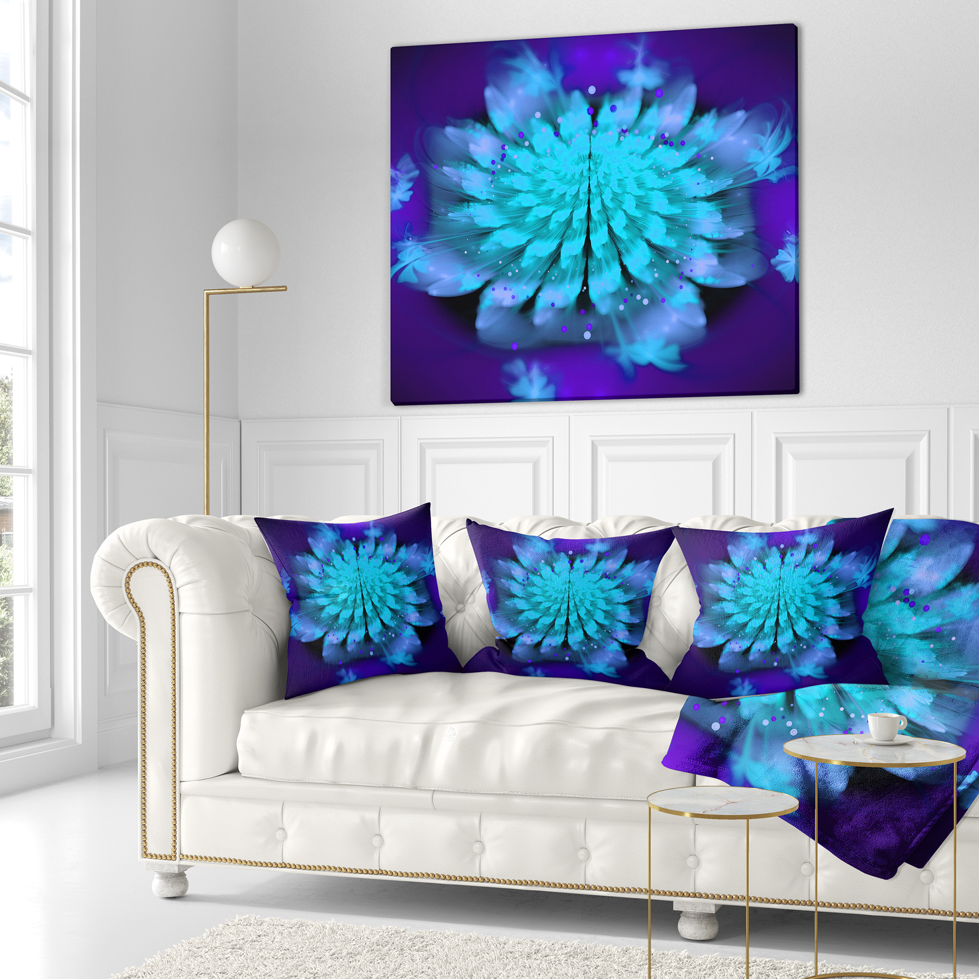 Designart Fractal Blue Spread out Flower - Floral Throw Pillow - 18x18
