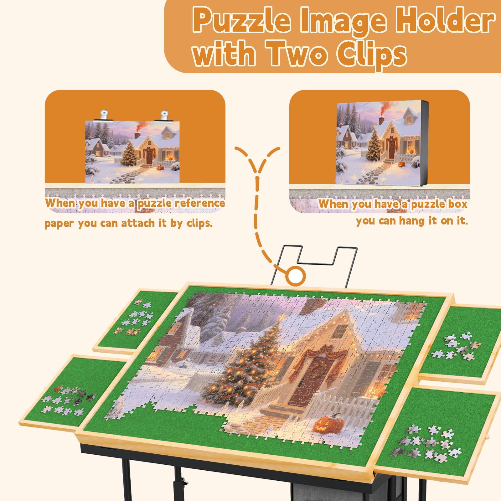 Jigsaw Puzzle Table for Adults with 6 Drawer and Legs, 1500 Pieces Puzzle Table with Protective Cover&Wheels, Adjustable Height and Five up Angles, Natural&Green