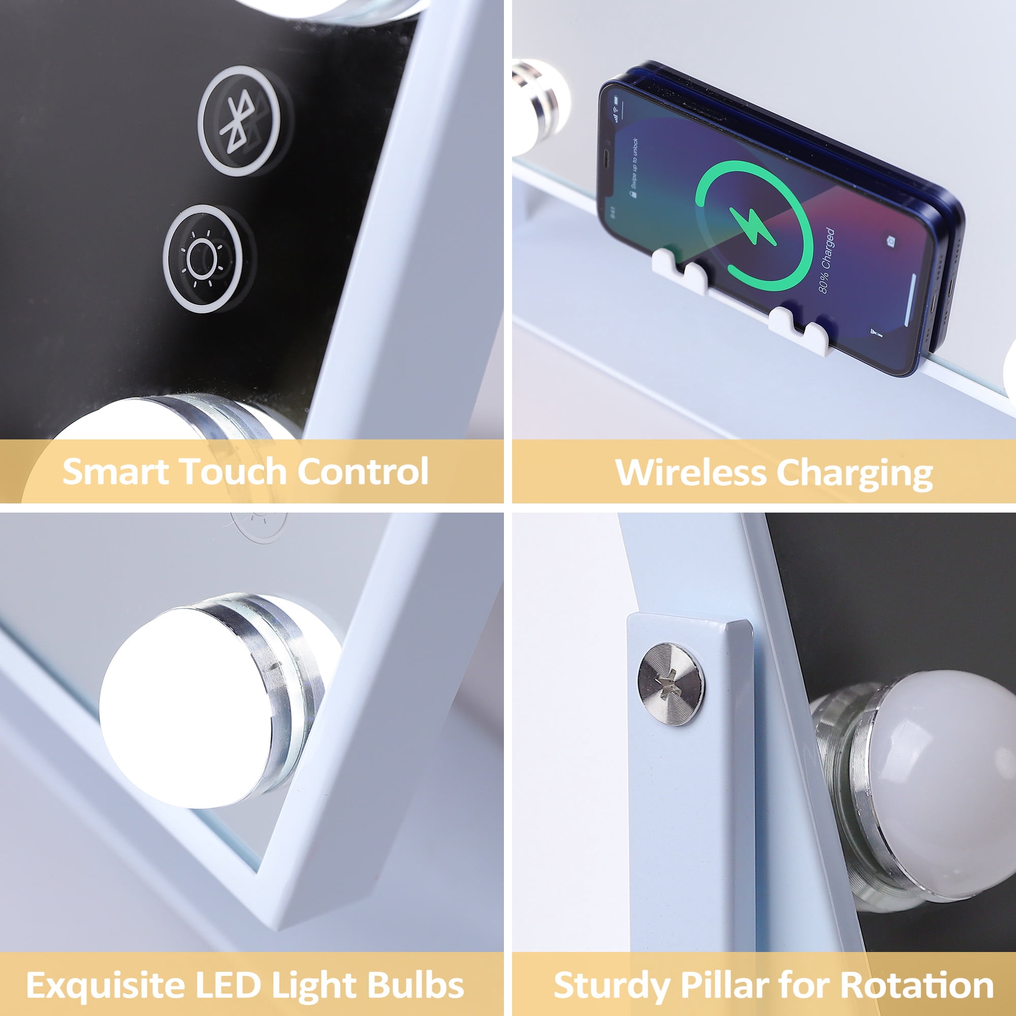 Fenchilin Vanity Makeup Mirror with Lights Bluetooth Wireless Charging Tabletop Metal White