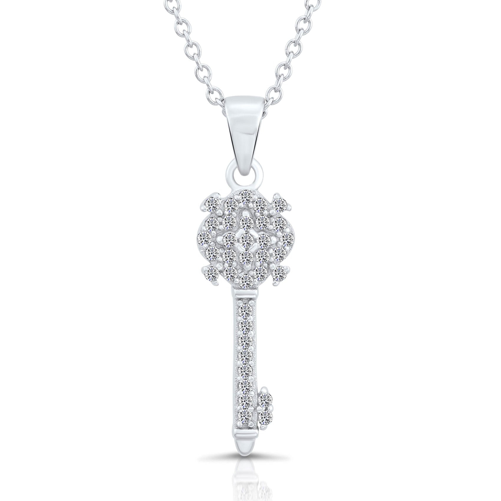 Tilo Jewelry .925 Sterling Silver Key Pendant Necklace with Cubic Zirconia CZ Stones | 16 Inch | Women & Unisex