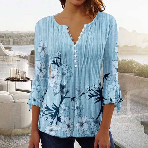 Baikeli Selling Womens Tops 3/4 Flare Sleeve Tops for Women Casual Vneck T-Shirts Flower Printed Blouses Loose Button Shirts Going Out Pullover 3/4 Sleeve Tunic Tops for Women