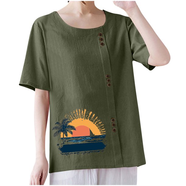 Vestidos Casuales Para Mujer, Blusas De Mujer De Moda Blusa informal de lino con cuello redondo, manga corta y botones para mujer
