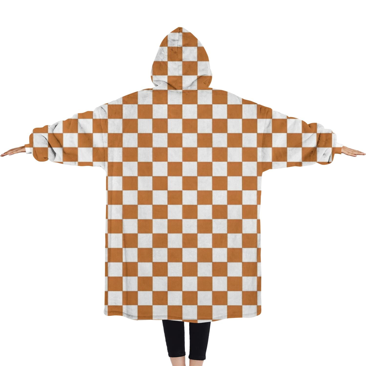 Oversized Wearable Blanket Hoodie,Orange and White Checkerboard Pattern Sherpa Blanket Hoodie with Super Pockets,Super Warm Fuzzy Pullover for Women & Men