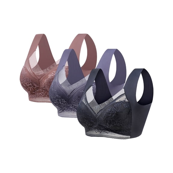 VISALY Lace Full Coverage Bralettes Lift Everyday Bras with Wide Shoulder Strap Plus Size Sports Bras 3Pc Comfortable Bras for Women Aa L