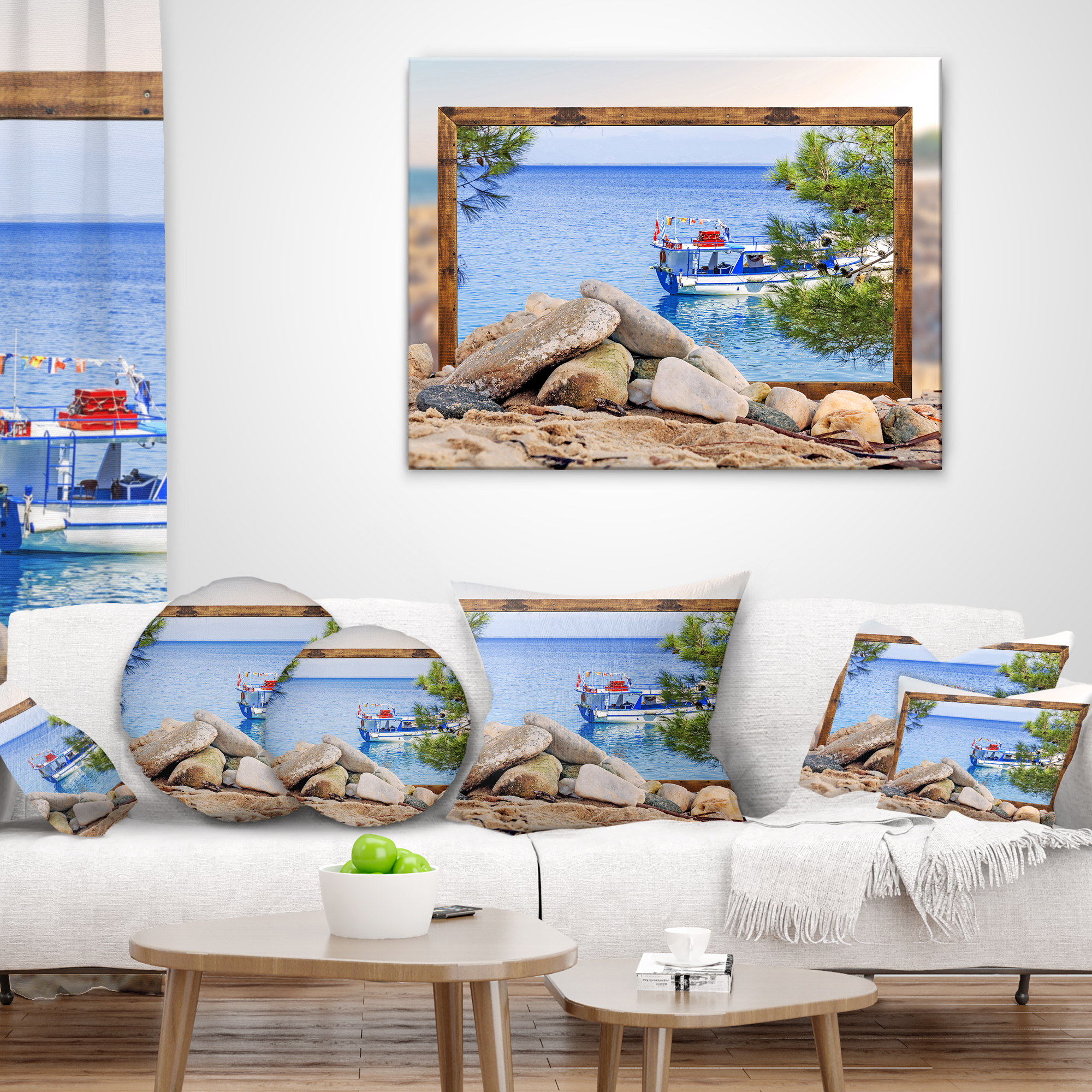 Designart Framed Effect Boat in Ocean - Seashore Throw Pillow - 12x20