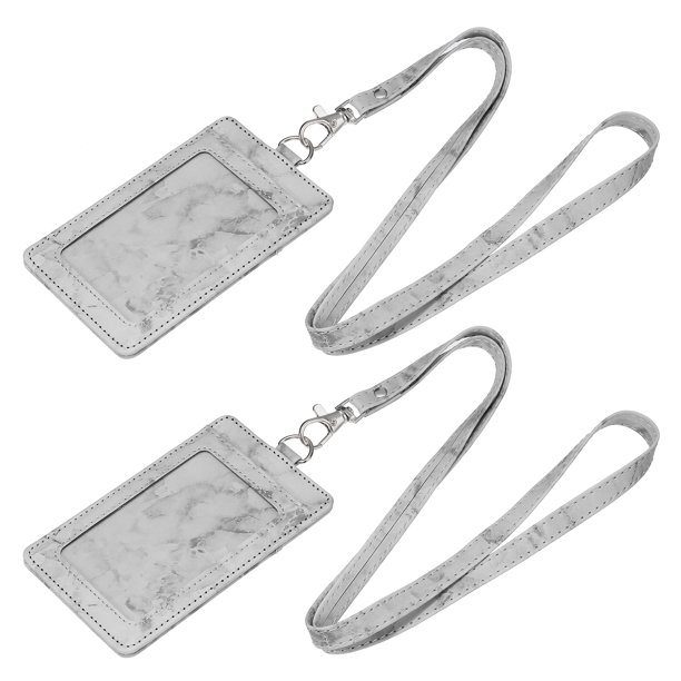 ID Soportes con Cordón, PU Cuero Vertical Tarjetas Ranuras Ventana para Oficina, Mármol Patrón Gris