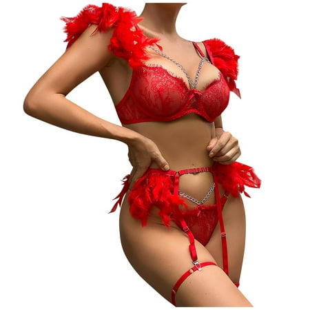 

DNDKILG Women s Babydoll Teddy Bra and Panty Sets Feather Strappy Lingerie Set Sexy Lace Lingerie with Garter Red M