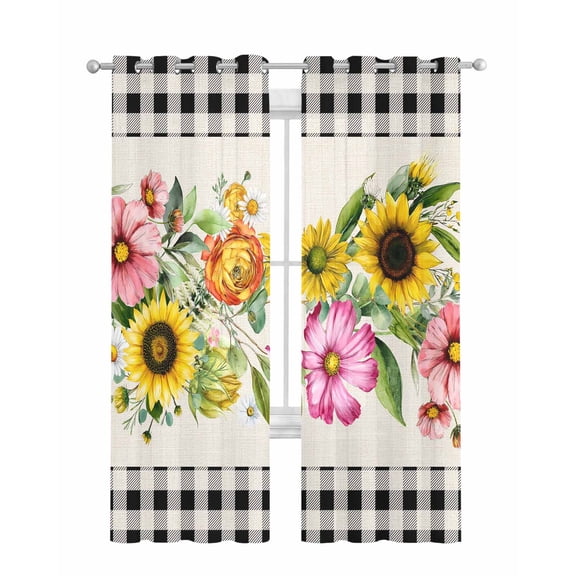 Spring Floral Sheer Curtains 84 Inch Length 2 Panels Set for Living Room/Bedroom, Sunflower Black White Plaid Pastoral Rustic Kitchen Curtains Grommet Semi-Sheer Curtains Window Treatments 52"x84"x2